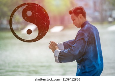 Man Hands Doing Tai Chi Or Tai Ji With Yin Yang Symbol, Traditional Chinese Martial Arts.