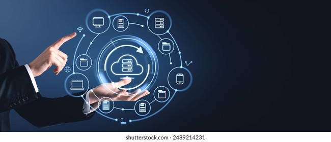 Man hands and finger touch cloud service for information storage hologram hud, files share or transfer. Empty dark background. Concept of big data backup and synchronization