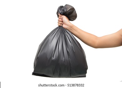 Man Hands Holding Black Garbage Bag Isolated On White Background