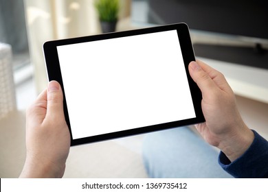 Man Hands Holding Computer Tablet With Isolated Screen In The Home Room