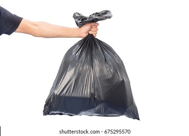 Man hands holding garbage bag isolated on white background.
