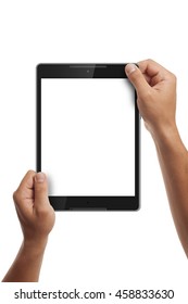 Man Hands Holding Generic Tablet.Tablet Mockup. Portrait Mode. Clipping Path