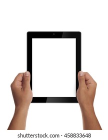 Man Hands Holding Generic Tablet.Tablet Mockup. Portrait Mode. Clipping Path