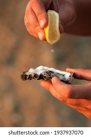 Man Hands Holding Lemon And Oyster, Squirt Oyster Shell With Lemon Juice