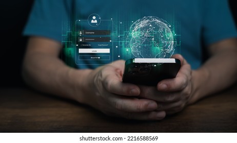 Man hand's holding mobile phone, smartphone with password protection, Global networking, binary code, cyber security concept, copy space.

