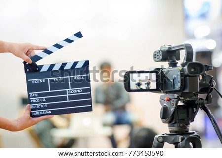 Man hands holding movie clapper. Film director concept.camera show viewfinder image catch motion in interview or broadcast wedding ceremony, catch feeling, stopped motion in best memorial day concept.