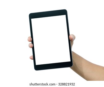 Man Hands Holding Tablet Computer Isolated Over White Background.