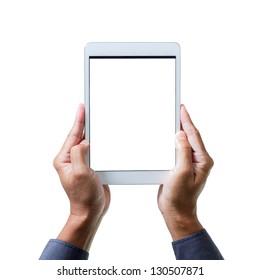 Man Hands Holding A White Tablet Computer Gadget With Isolated Screen