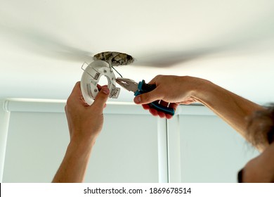 Man Hands Installing Socket For Light Bulb. Repairs Ceiling Light Indoor Home In White Room