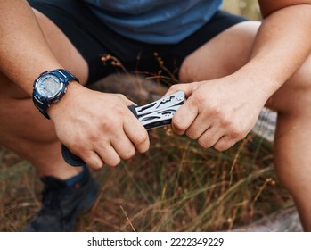 Man, Hands And Multi Purpose Blade On Sustainability Environment Camping, Forest Woods Or Hiking Mountains. Swiss Army Knife And Tools In Survival Gear Or Metal Equipment For Nature Earth Hiker