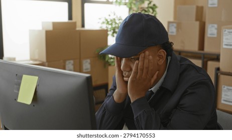 Man with hands on face at computer in a parcel warehouse surrounded by stacked boxes and labels; work fatigue.