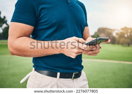 Man, hands and phone in communication on golf course for sports, social media or networking outdoors. Hand of sporty male chatting or texting on smartphone mobile app for golfing research or browsing