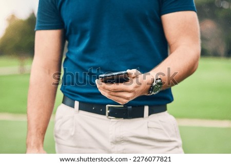Man, hands and phone in communication on golf course for sports, social media or networking in the outdoors. Hand of sporty male holding smartphone for mobile app, golfing research or browsing