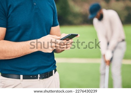 Man, hands and phone in social media on golf course for sports, communication or networking outdoors. Hand of sporty male chatting or texting on smartphone mobile app for golfing research or browsing