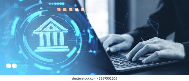 Man hands texting on laptop, toned image with digital bank icon with abstract futuristic design and earth sphere. Concept of blockchain, digital payments and internet money