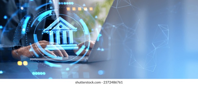 Man hands typing on laptop, double exposure digital bank icon with abstract design and matrix lines. Concept of online transaction, cyberspace and electronic money