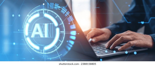 Man hands typing on laptop, double exposure digital hologram with AI, glowing abstract circles and digital circuit board. Concept of artificial intelligence, machine learning and software