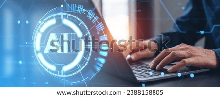 Man hands typing on laptop, double exposure digital hologram with AI, glowing abstract circles and digital circuit board. Concept of artificial intelligence, machine learning and software