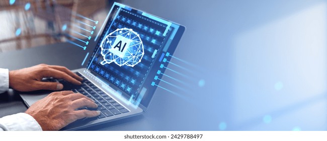 Man hands using laptop, fingers on keyboard, copy space background. Digital hud hologram with AI brain, chip with digital connection lines circuit on screen. Concept of information processing