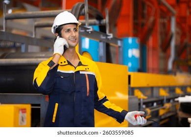 man hands using mobile phone. Hispanic man worker in safety hardhat helmet at steel factory, metal sheets and industrial machinery in a large manufacturing plant.