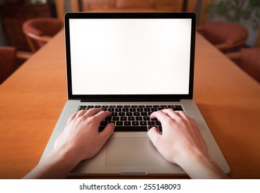 Man Hands Using, Working On Laptop With Blank Screen In Home Living Room. First Person View.