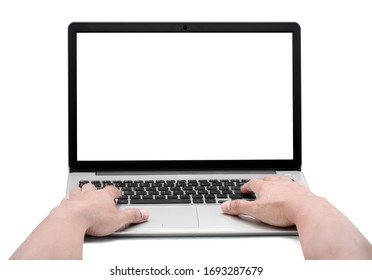 Man hands working on the laptop isolated on white background with clipping path,Working from home,Searching for information on the internet,Online shopping,Coronavirus.
