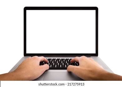 Man hands working on the laptop, photo taken with first person view - isolated on white