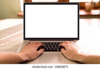 Man Hands Working On The Laptop, Photo Taken With First Person View In Livingroom