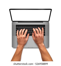 Man Hands Working On Laptop With Blank Screen, Top View Shot. On White Background