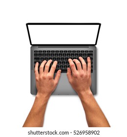 Man Hands Working On Laptop With Blank Screen, Top View Shot. On White Background