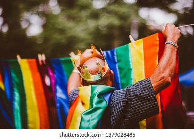 Man Hanging The Gay Flag, Gay Pride