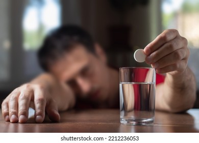 Man With Hangover Taking Medicine Pill Cure.