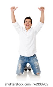 Man Happy For Winning Celebrating With Arms Up - Isolated Over White