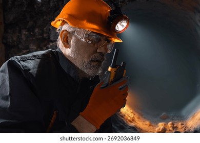 Man in a hard hat with a flashlight using a walkie-talkie in the darkness underground. Geology, speleology, cave rescue, mining with a scientific approach