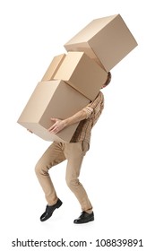 Man hardly carries the cardboard boxes, isolated, white background