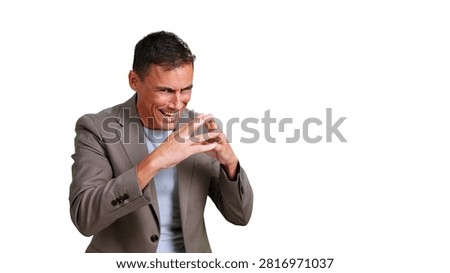 Man hatching a cunning plan, expressing villainous pleasure with clasped hands