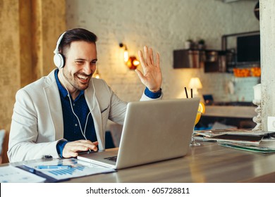 Man Have Business Meeting Via Video Call In A Cafe