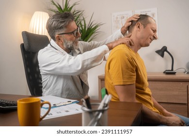 Man having a neck pain. Male  Undergoing Physiotherapy, Professional Sport Doctor Treating Light Neck Injury. Musculoskeletal Pain Therapy and Rehabilitation Concept. Patient suffering from back pain  - Powered by Shutterstock