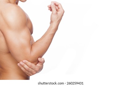 Man Having Pain In His Elbow, Isolated On White Background