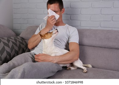 Man Having Pet Allergy Symptoms : Runny Nose, Asthma