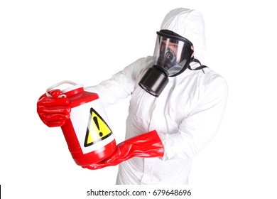 Man In Hazardous Materials Suit Isolated On White