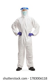 Man In A Hazmat Protective Equipment With A Mask And Face Shiled Isolated On White Background