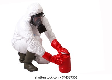 Man In A Hazmat Suit With Red Container Dangerous Material Isolated On White