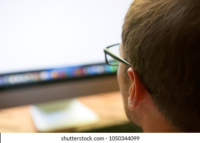 Man Head Back Look At Work Training On Monitor On Table White Blurry Screen In Glasses For Computer Poor Eyesight Bad Vision Close Up