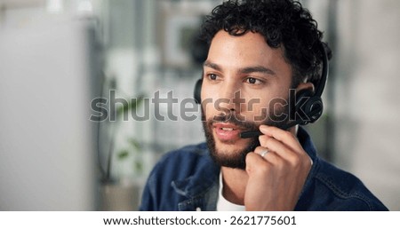 Man, headset and mic with computer at call center for contact us, sales consultant and customer service. Male person, desktop and advisor for client help, advisory and questions for online procedure