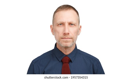 Man Headshot. Serious Man Portrait Isolated Over White Background.