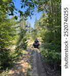 A man in a helmet and overalls rides an ATV along a forest path. Vacation and adventure concept. Natural sports background, natural activity background