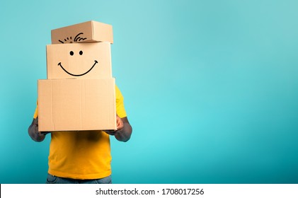 Man Is Hidden By Too Many Received Packages. Cyan Background