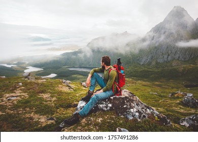 Man Hiker Exploring Mountains Of Norway Travel Healthy Lifestyle Adventure Trip Hiking Solo With Backpack Active Vacations Outdoor