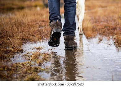 Man in hiking boots and jeans walking with dog in a rainy day swamp or a farm. Bad weather.